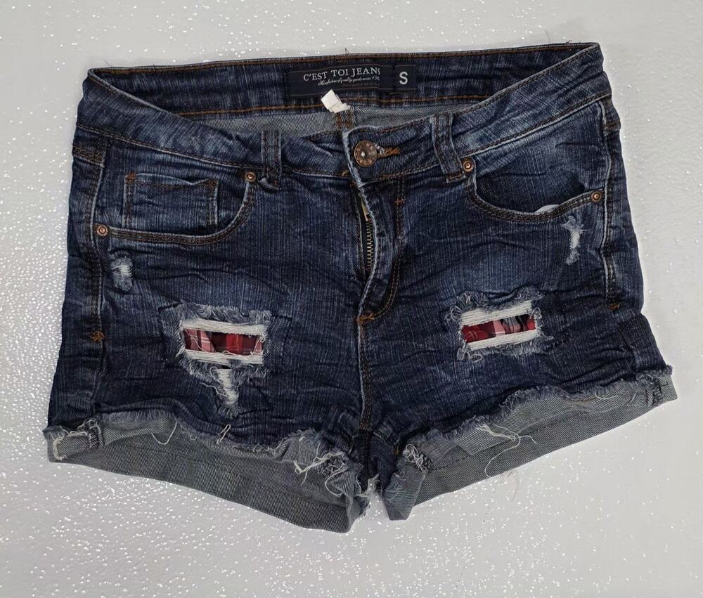 C’Est Toi Jeans Distressed Denim Shorts Size S Dark Wash Plaid Backing Rips